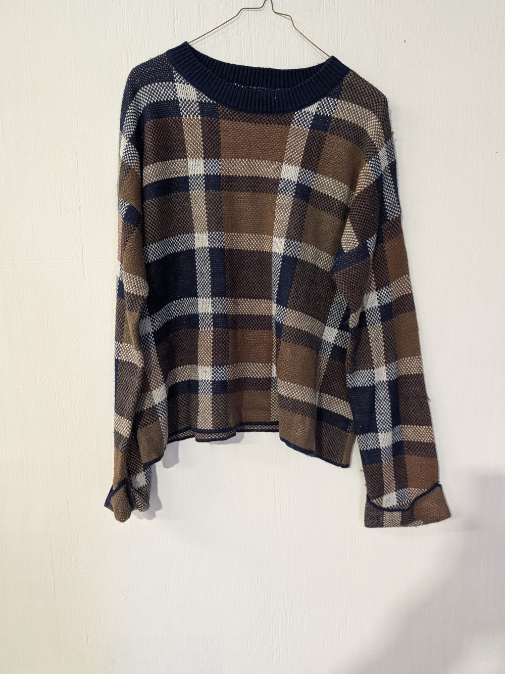Dex Plaid Knit Sweater in Brown, Navy, and Cream